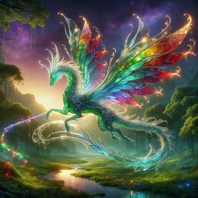 Primary subject: A colorful dragon with rainbow colors flying in the sky.

Setting/background: The dragon is flying in front of a forest, with a river nearby. The sky is filled with stars, creating a magical atmosphere.

Visual style: The image is a digital artwork, featuring a vibrant and imaginative scene.

Colors and mood: The dragon is predominantly green, with rainbow colors adding a lively and cheerful vibe to the scene. The forest and river contribute to a serene and enchanting mood.